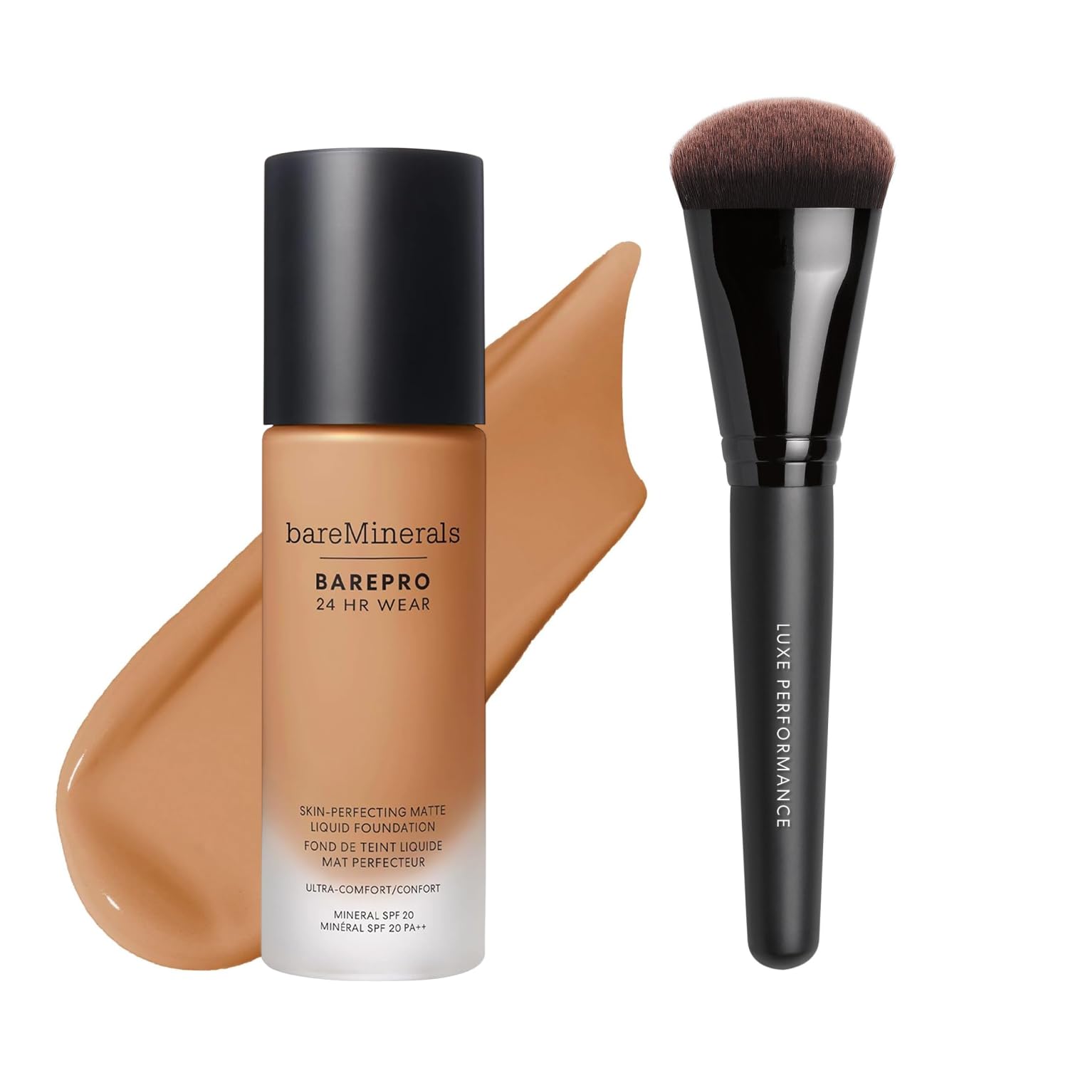 bareMinerals Barepro 24HR Wear Matte Liquid Foundation with Mineral SPF 20 + Luxe Performance Brush Bundle
