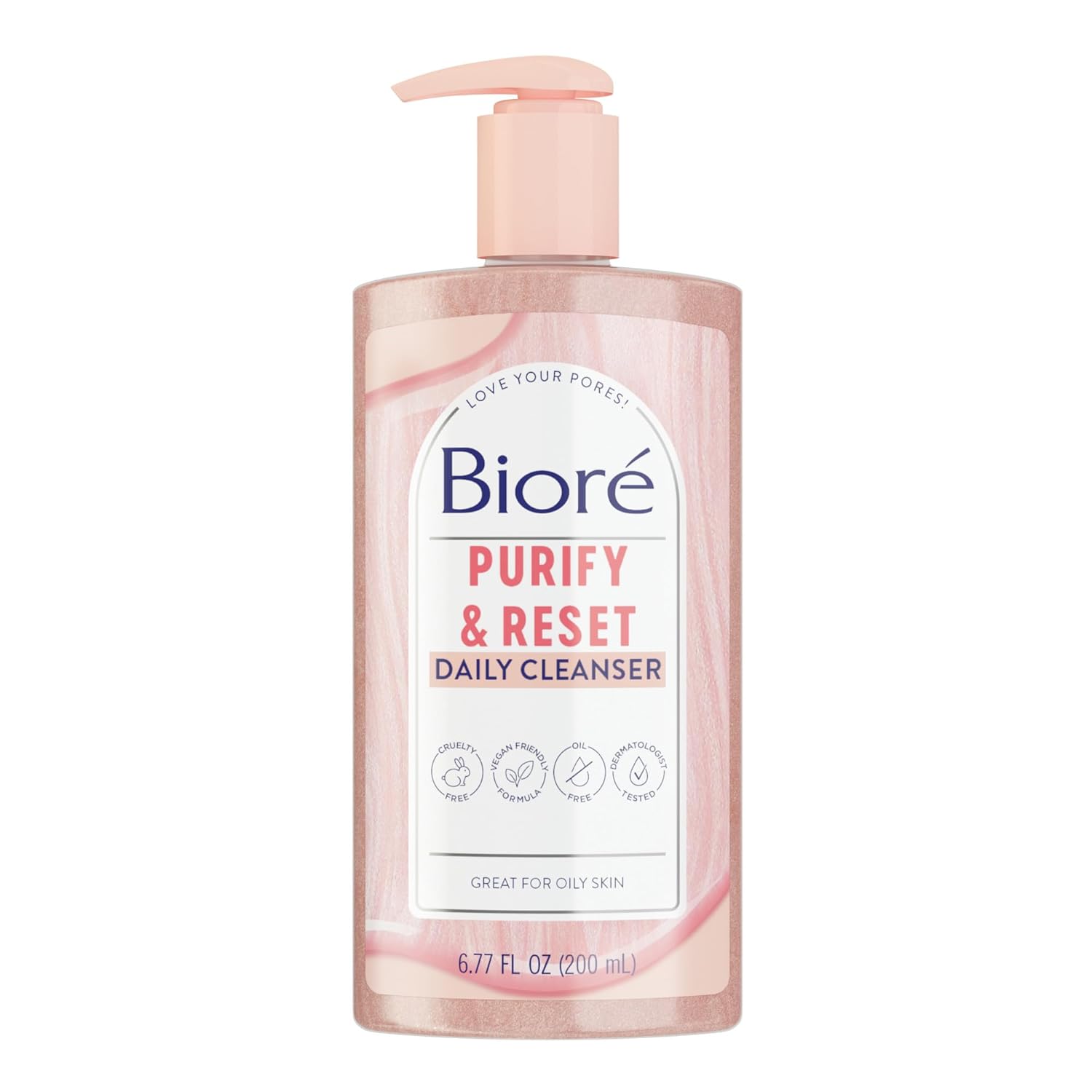 Bioré Rose Quartz + Charcoal Daily Purifying Cleanser, Oil Free Facial Cleanser Energizes Skin, Dermatologist Tested and Cruelty Free, 6.77 oz