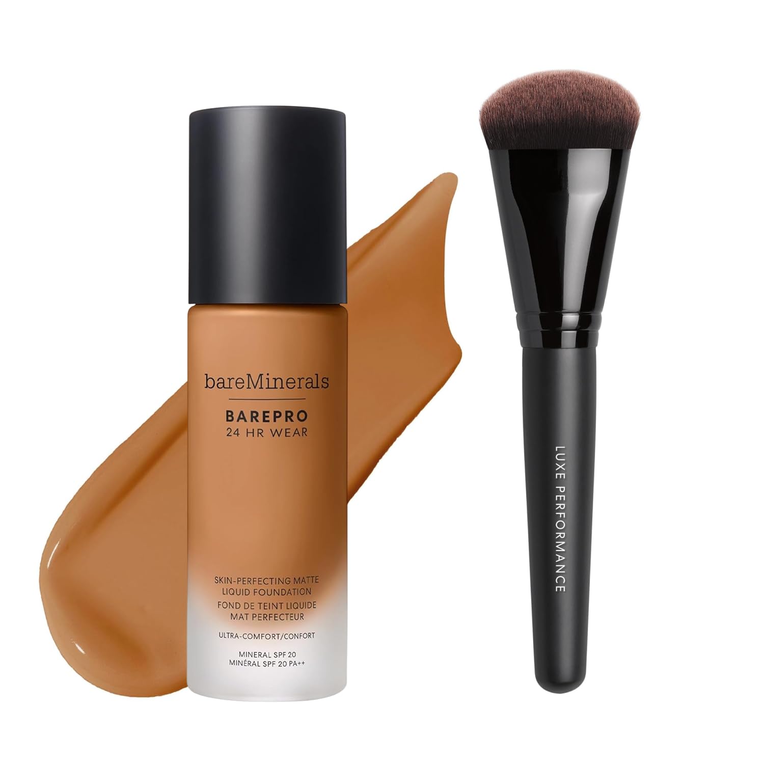 bareMinerals Barepro 24HR Wear Matte Liquid Foundation with Mineral SPF 20 + Luxe Performance Brush Bundle