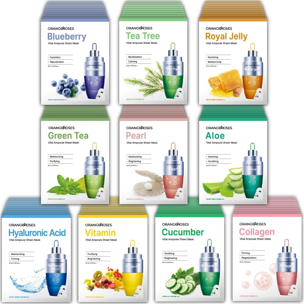 100 Combo Pack (10 x10 types), Full Face Facial Sheet Mask with Release Paper for Easy Application, Skincare Facial Mask for Women & Men