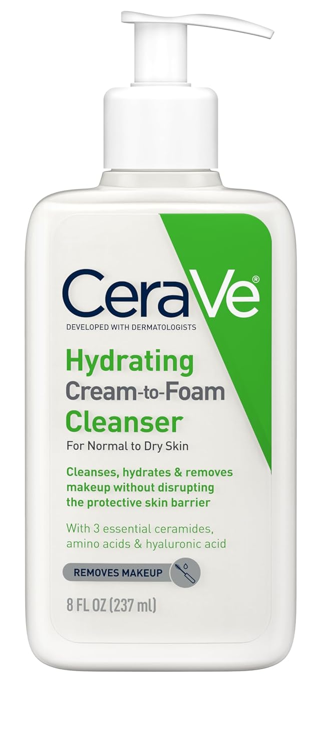 CeraVe Hydrating Cream To Foam Cleanser, Makeup Remover Face Wash For Dry Skin, Foaming Facial Cleanser With Hyaluronic Acid, Normal To Dry Skin, Fragrance Free & Non Comedogenic, 19 Fluid Ounce - Image 8