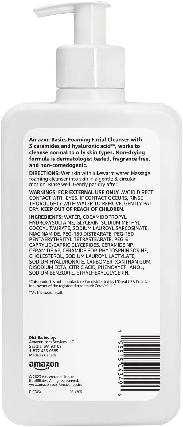 Amazon Basics Foaming Facial Cleanser with Ceramides & Hyaluronic Acid, Fragrance-Free, 12 Fl Oz, Pack of 1 - Image 2