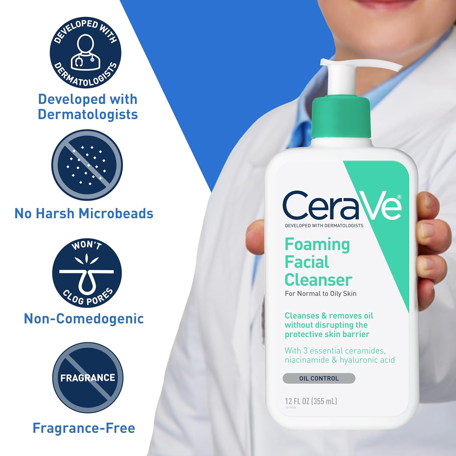 CeraVe Foaming Facial Cleanser, Daily Face Wash for Oily Skin, Hyaluronic Acid + Ceramides + Niacinamide, Fragrance Free & Paraben Free, Non-Drying Oil Control Face Wash, 16 Fluid Ounces - Image 4