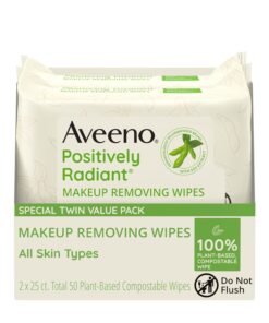 Aveeno Positively Radiant Alcohol Free Makeup Removing Face Wipes, Gentle Non-Comedogenic Facial Cleansing, 100% Plant Based Home Compostable, Sulfate Free, 50 Count (2 Packs of 25)