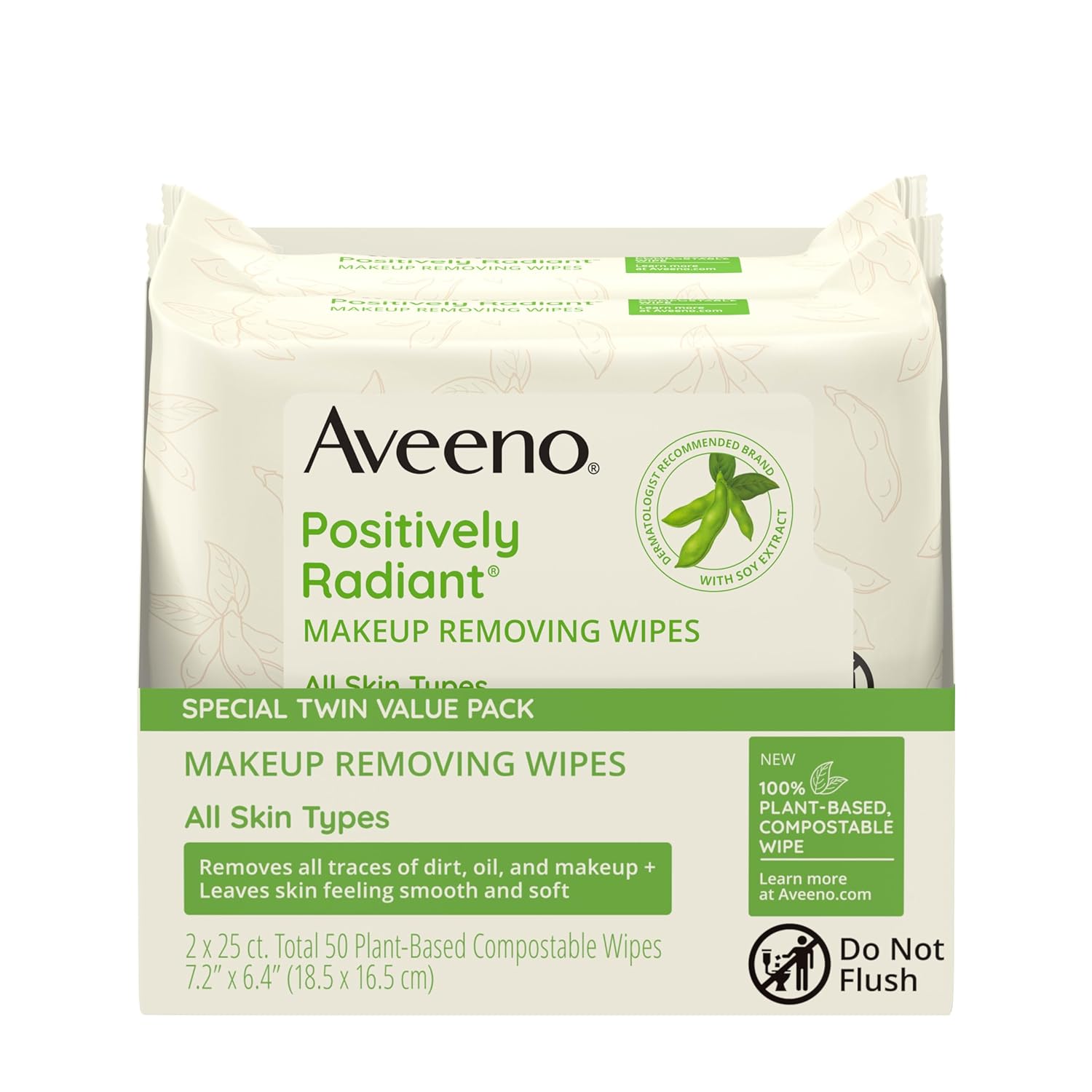 Aveeno Positively Radiant Alcohol Free Makeup Removing Face Wipes, Gentle Non-Comedogenic Facial Cleansing, 100% Plant Based Home Compostable, Sulfate Free, 50 Count (2 Packs of 25) - Image 6