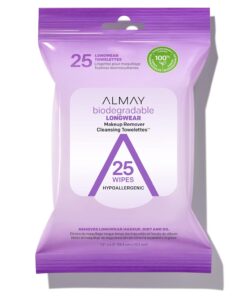 Almay Face Makeup Remover Wipes, Longwear & Waterproof, Hypoallergenic, Fragrance Free, Dermatologist & Ophthalmologist Tested, 25 Count (Pack of 1)