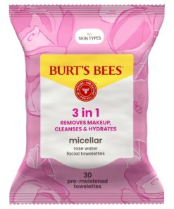 Burt’s Bees Micellar Rose Water Facial Towelettes, 100% Plant Based Cloth; 99% Natural Origin; Remove Makeup, Cleanse, Hydrate; No Greasy, Oily Residue; All Skin Types (Pack May Vary)