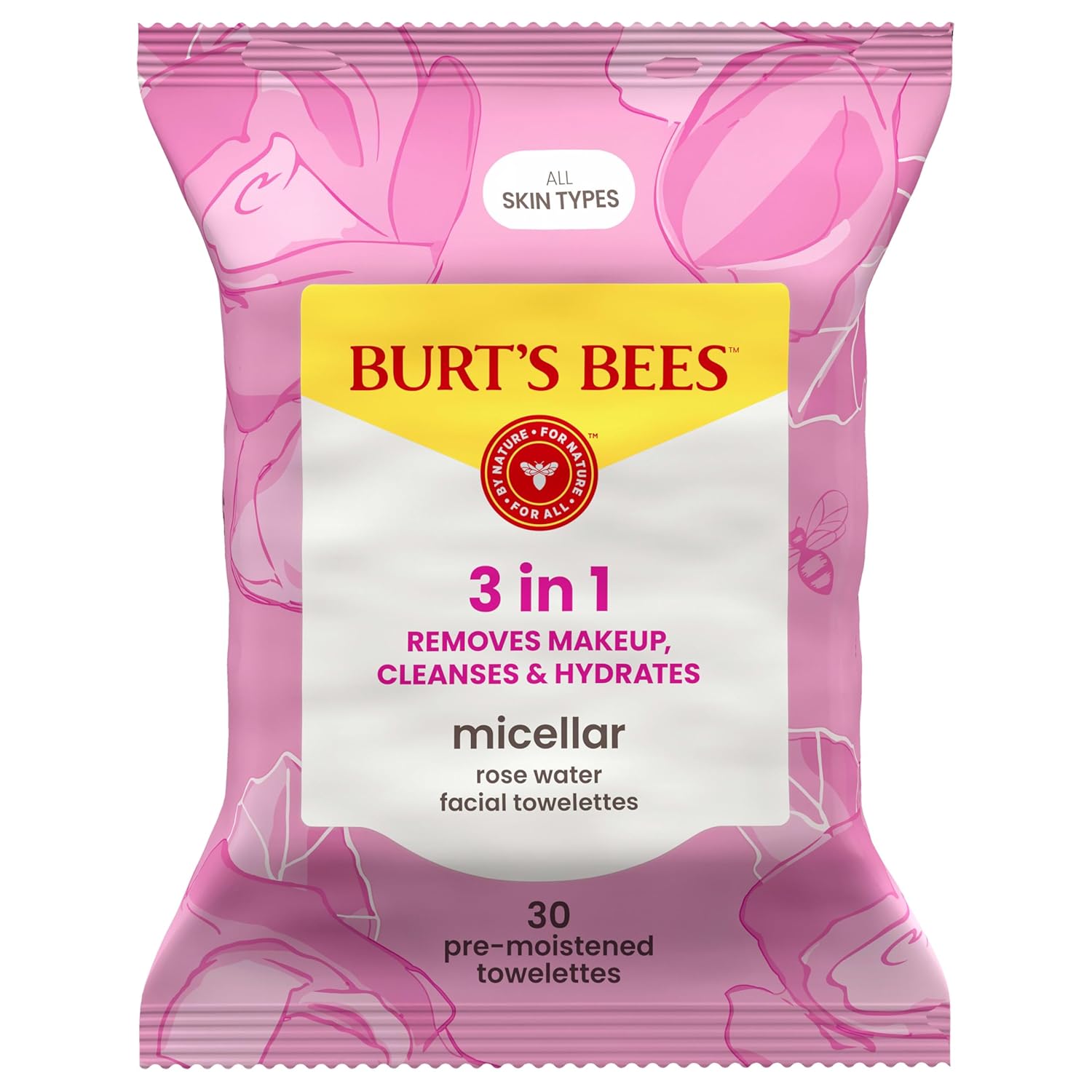 Burt’s Bees Micellar Rose Water Facial Towelettes, 100% Plant Based Cloth; 99% Natural Origin; Remove Makeup, Cleanse, Hydrate; No Greasy, Oily Residue; All Skin Types (Pack May Vary)