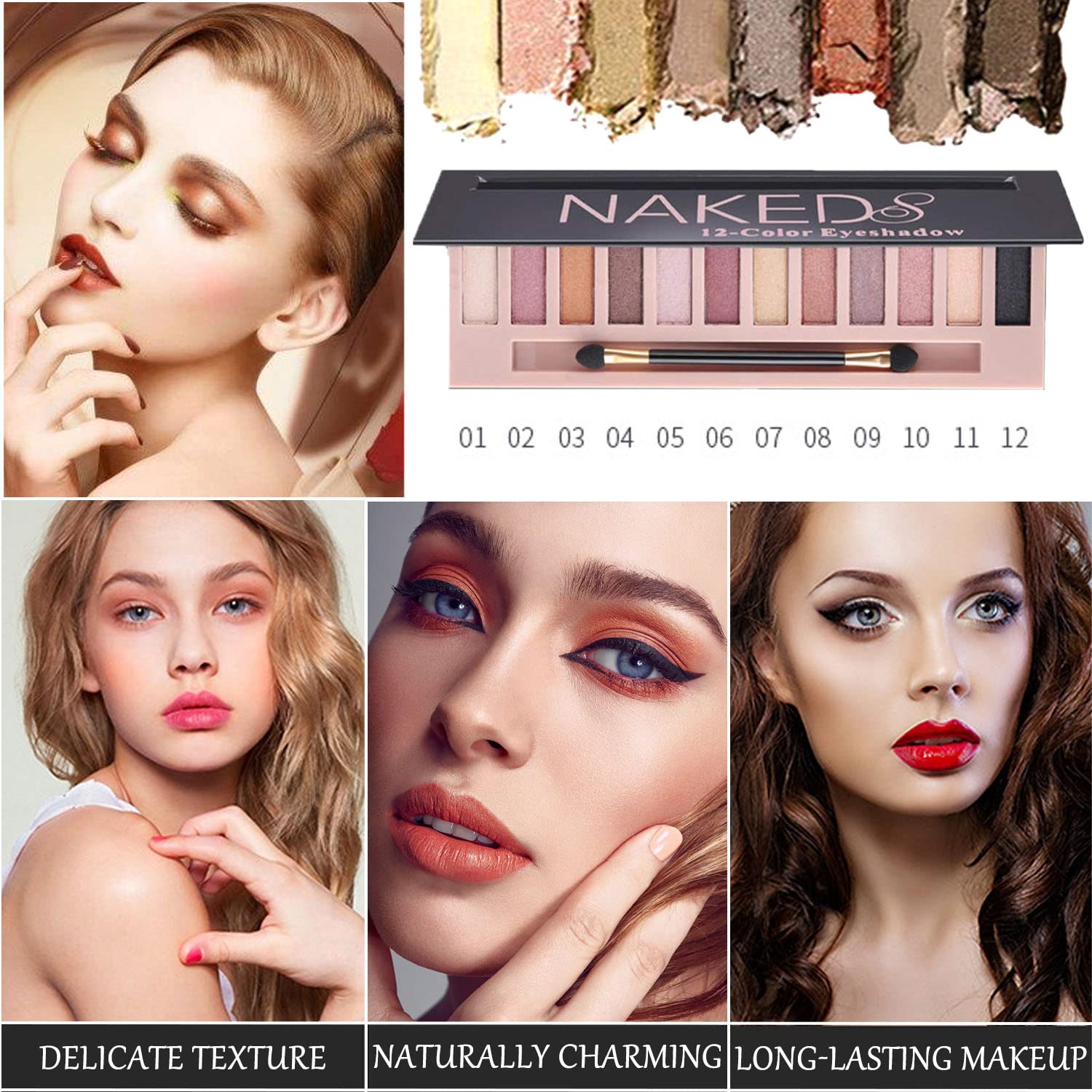 2 Pack Makeup Eyeshadow Palette Kit,12 Colors Nude Matte Smokey Shimmer Glitter Eye Shadow Palette,Blendable Rich Colors,Waterproof Professional Beauty Palette Kit with Double-Ended Makeup Brush - Image 6