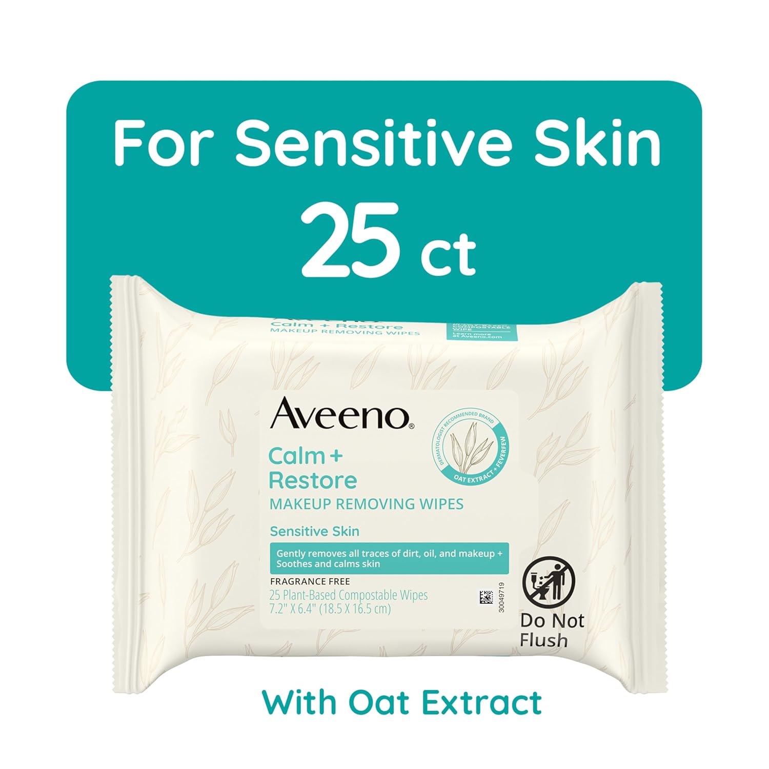 Aveeno Calm + Restore Unscented Makeup Remover Face Wipes, Fragrance Free Facial Cleansing Towelettes with Oat Extract & Calming Feverfew Leave Skin Feeling Soothed, Alcohol Free, 25 ct - Image 2