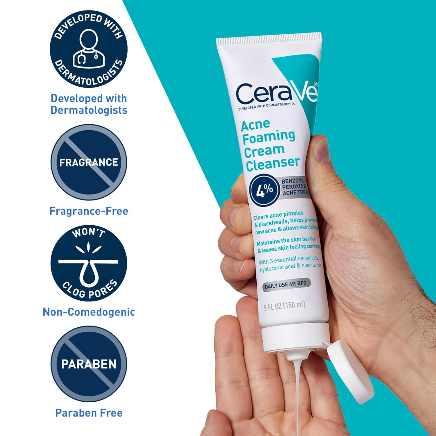 CeraVe Acne Foaming Cream Cleanser, 4% Benzoyl Peroxide Face Wash With Hyaluronic Acid, Niacinamide & Ceramides, Gentle Daily Acne Treatment For Face - Image 6