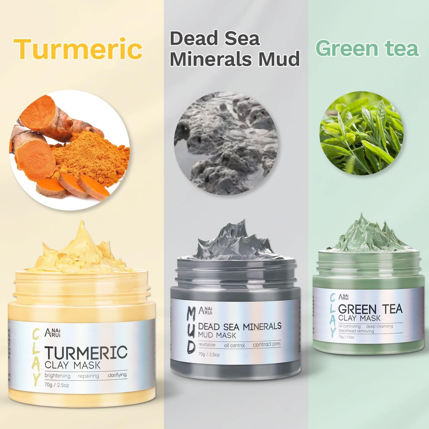 ANAI RUI 3Pcs Face Mask Set, Turmeric Clay Mask - Green Tea Face Mask - Dead Sea Minerals Mud Mask, Holiday Gift Set, Stocking Stuffers for Women &Teen Girls, Self Care Gifts for Women 2.5 oz each - Image 2