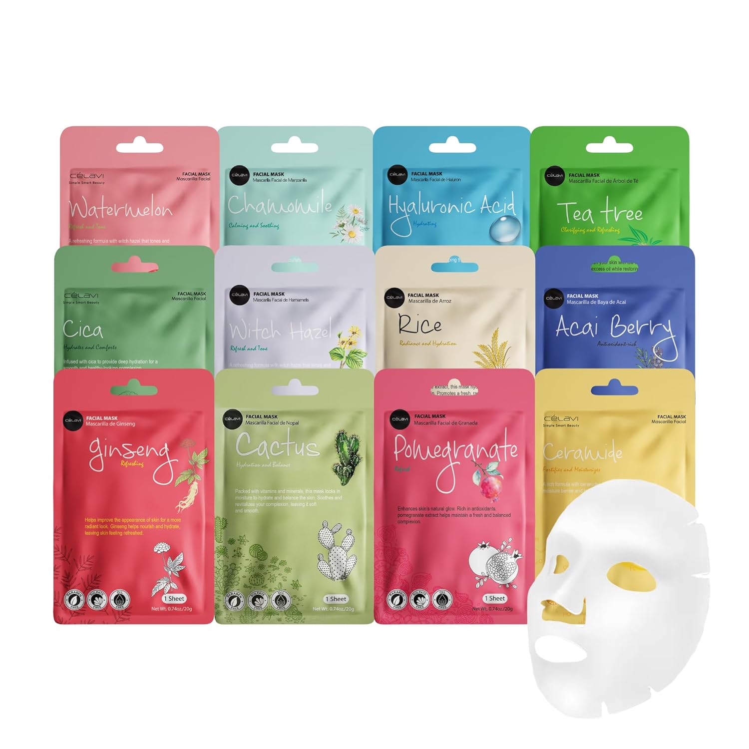Celavi Essence Facial Sheet Face Mask Variety Set Classic Authentic Korean Moisturizing Skincare (12-Packs) - Image 12