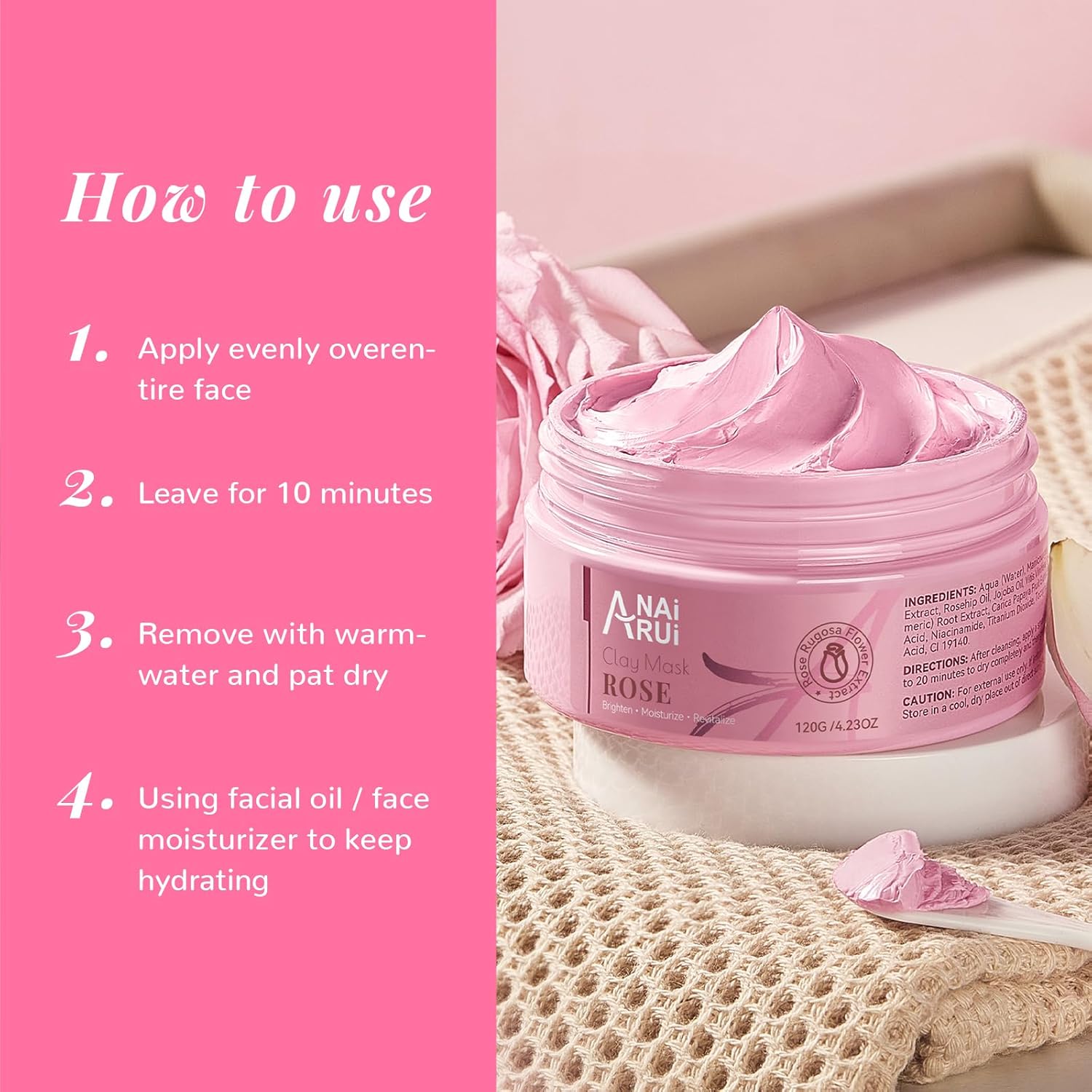 ANAI RUI Rose Facial Mask, Deep Cleansing, Clay Mask with Kaolin Pink Clay, Gifts for Women, Niacinamide, Collagen, Hyaluronic Acid for Moisturizing & Smooth Skin, Pores Minimizers, 4.23 Oz - Image 6