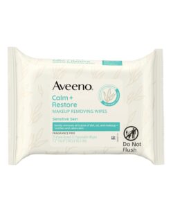 Aveeno Calm + Restore Unscented Makeup Remover Face Wipes, Fragrance Free Facial Cleansing Towelettes with Oat Extract & Calming Feverfew Leave Skin Feeling Soothed, Alcohol Free, 25 ct