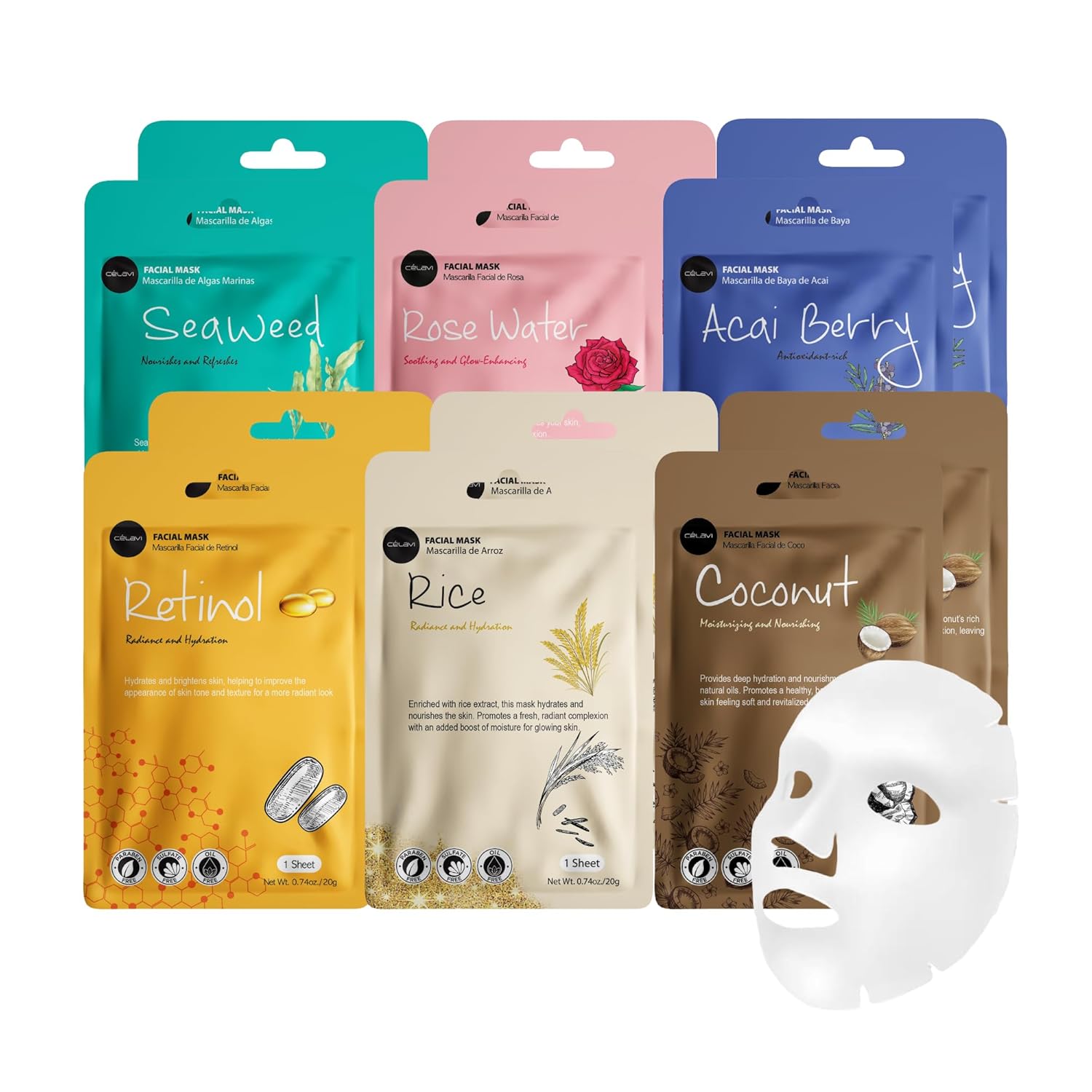 celavi Essence Facial Face Mask Paper Sheet Korea Skin Care Moisturizing 12 Pack (Mix - 2 of Each) - Image 10