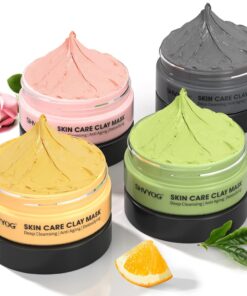 4 Pcs Clay Facial Mask Set - Turmeric, Vitamin C, Green Tea, Dead Sea Mud, and Rose Clay Skin Care Mask for Deep Cleansing, Moisturizing, and Refining Pores - 240g