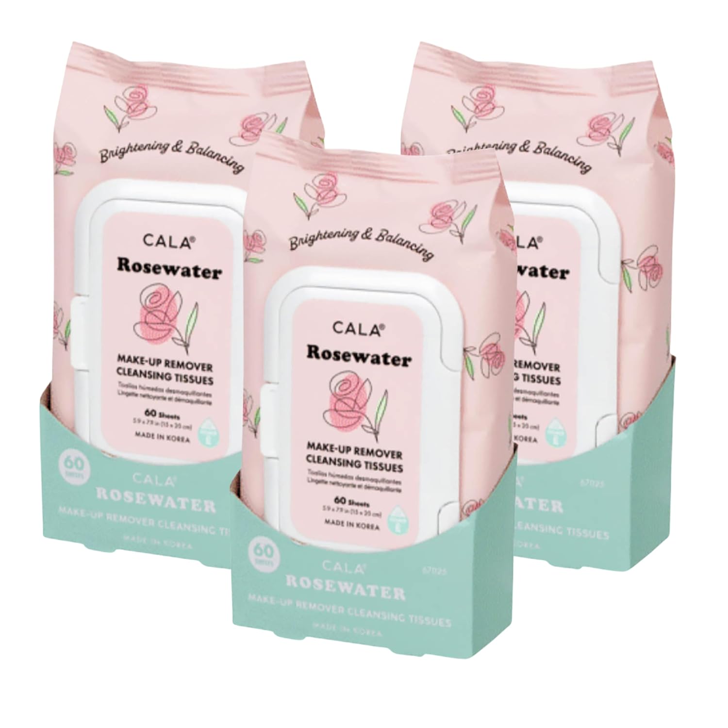 CALA Makeup Remover Cleansing Tissues: RoseWater (60 Sheets) - Gentle, Hydrating, and Effective Makeup Removal for All Skin Types (60ct Pack of 3)