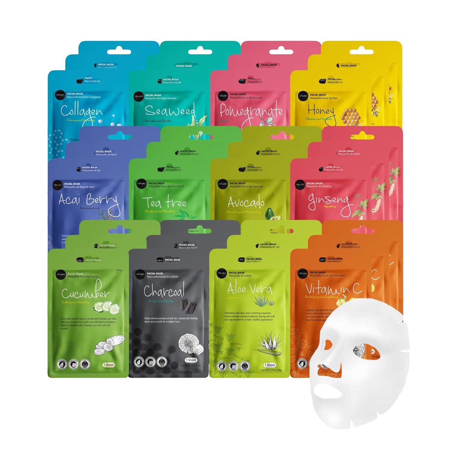 Celavi Essence Facial Sheet Face Mask Variety Set Classic Authentic Korean Moisturizing Skincare (12-Packs) - Image 9