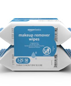 Amazon Basics Makeup Remover Wipes, Fragrance- and Alcohol-Free, Gentle Cleansing, Removes Waterproof Mascara, Dermatologist Tested, 25 Count, Pack of 2