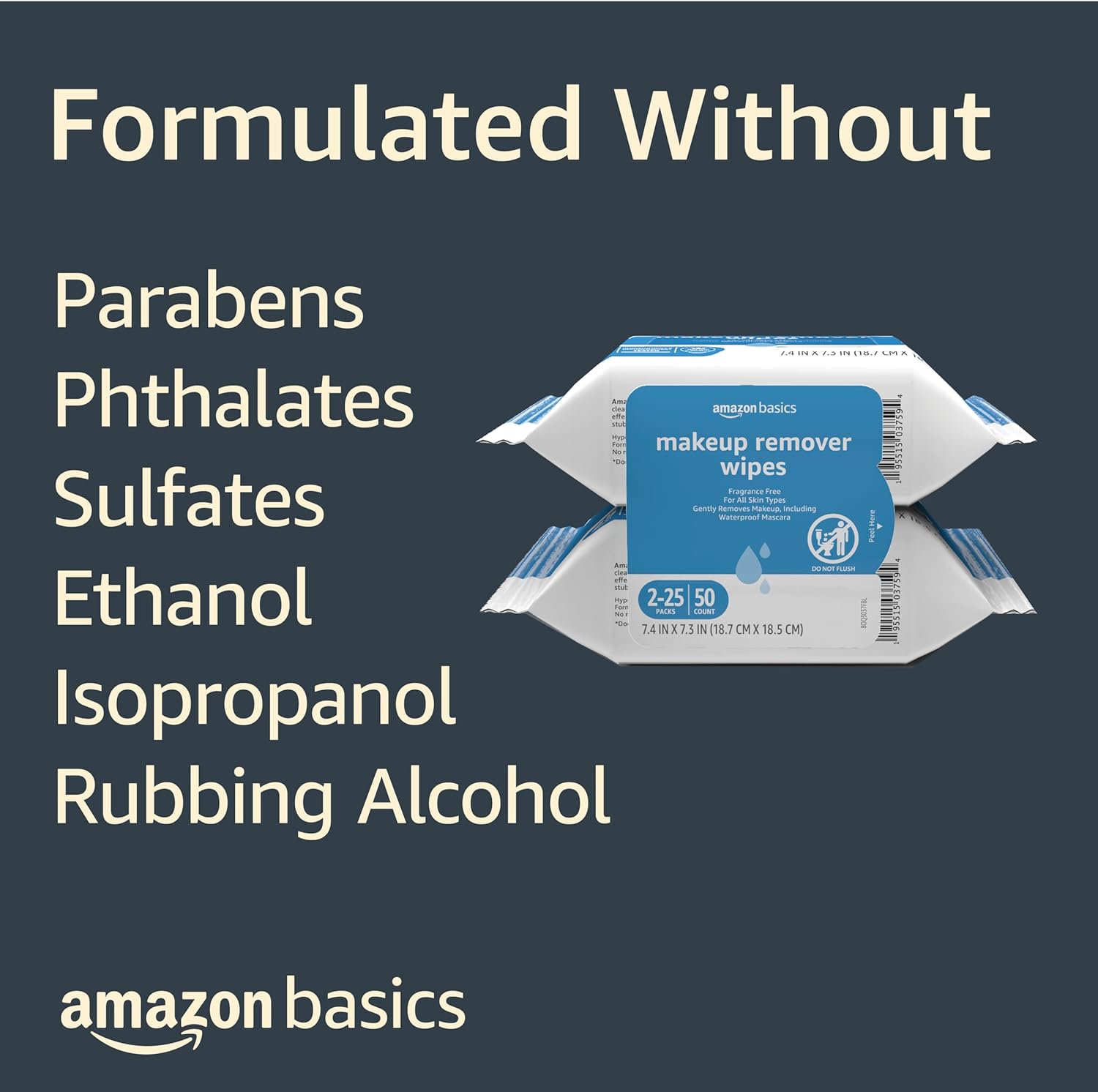 Amazon Basics Makeup Remover Wipes, Fragrance- and Alcohol-Free, Gentle Cleansing, Removes Waterproof Mascara, Dermatologist Tested, 25 Count, Pack of 2 - Image 4