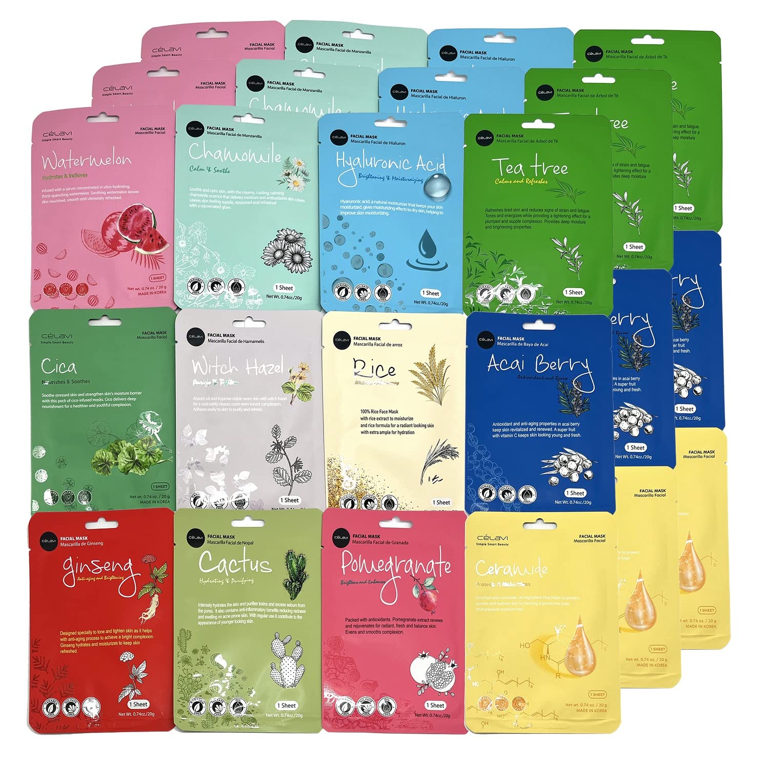 Celavi Essence Facial Sheet Face Mask Variety Set Classic Authentic Korean Moisturizing Skincare (12-Packs) - Image 19