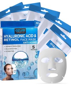 Azure Cosmetics Hyaluronic Acid & Retinol Face Mask - Dermatologist Tested - Rejuvenating & Hydrating Sheet Mask - Reduce Fine Lines & Wrinkles, Smooths & Repairs - Korean Skin Care - Pack of 5