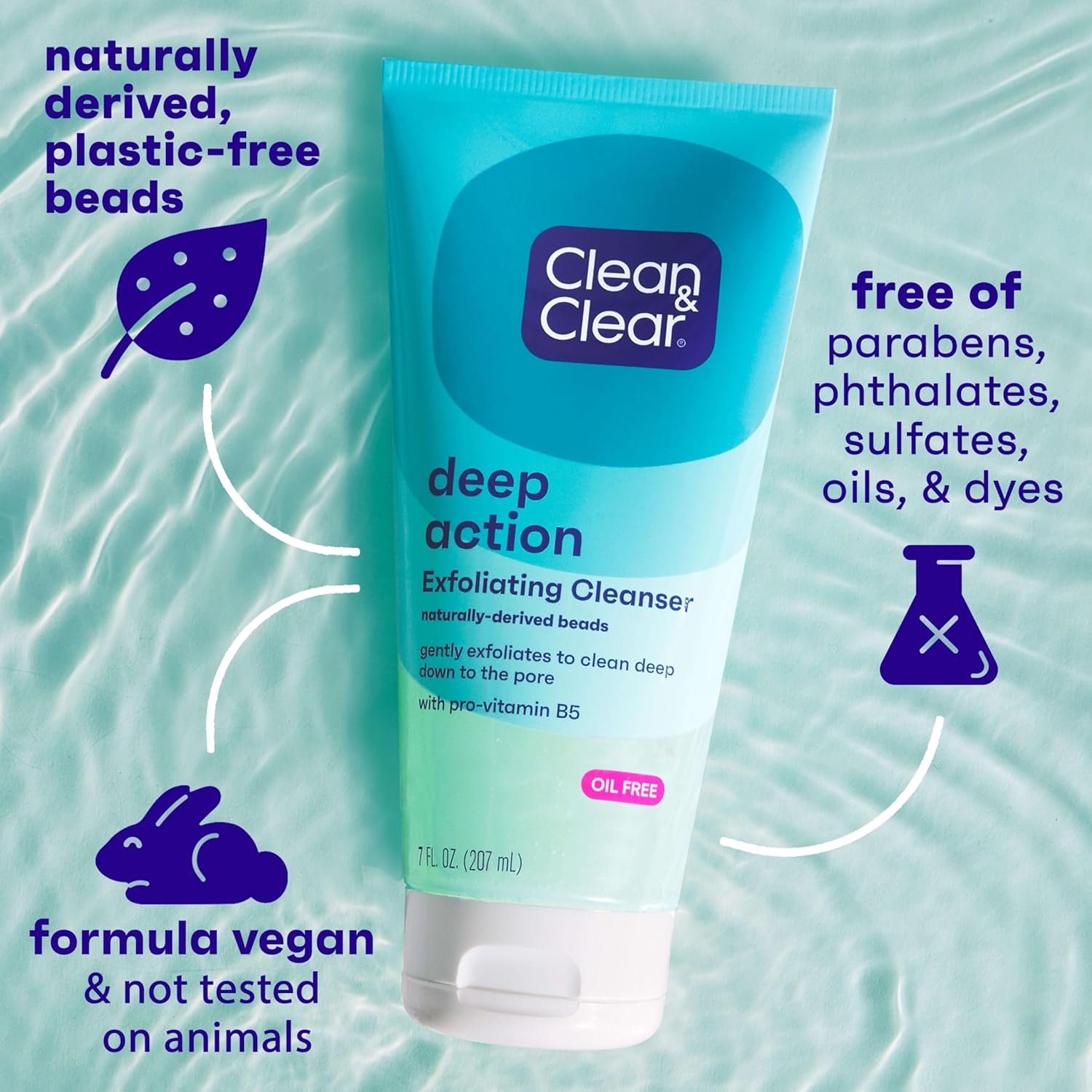 Clean & Clear Deep Action Exfoliating Facial Cleanser, Scrub & Face Wash, Pro-Vitamin B5, Lactic & Glycolic Acids, Oil-Free Gentle Daily Exfoliator for Soft, Smooth, Hydrated Skin, Vegan, 7 Fl Oz Tube - Image 5