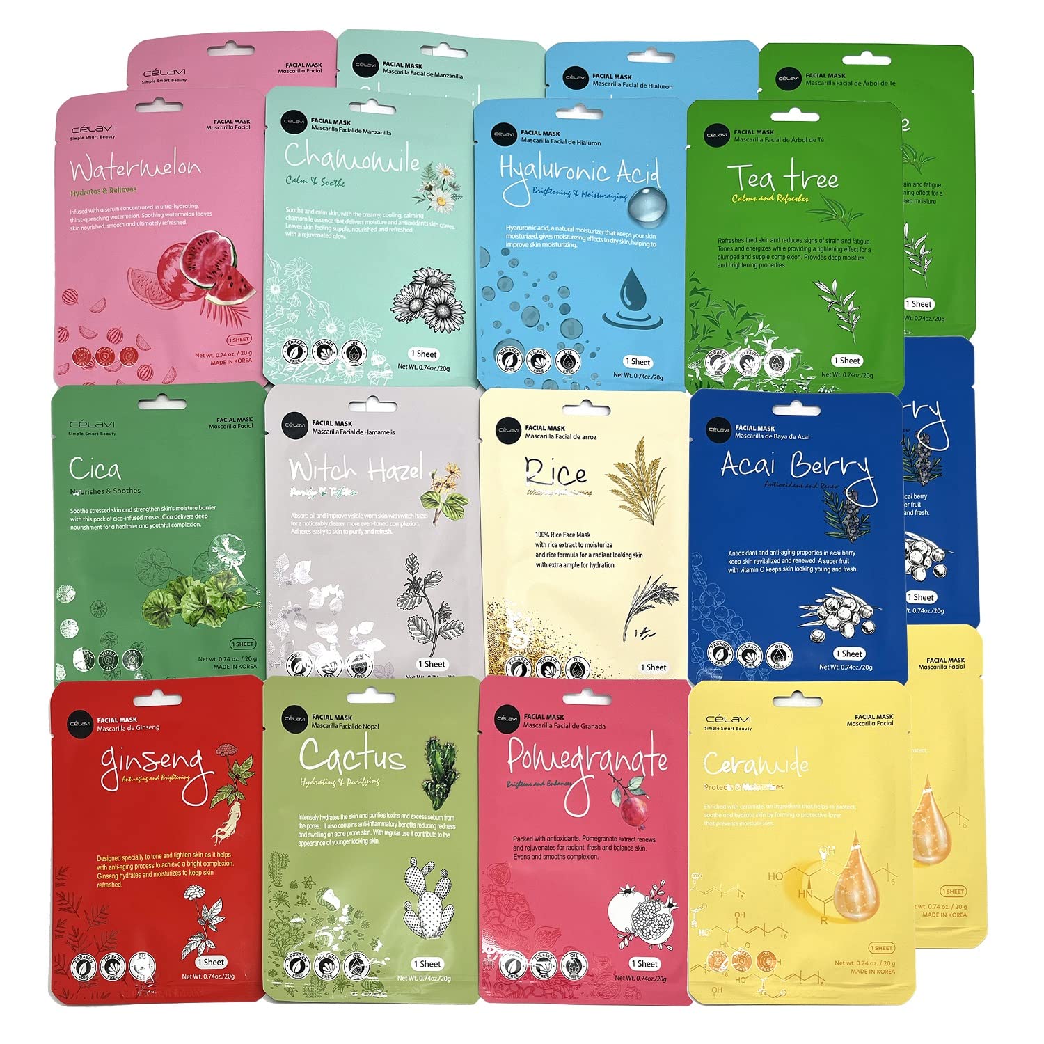Celavi Essence Facial Sheet Face Mask Variety Set Classic Authentic Korean Moisturizing Skincare (12-Packs) - Image 16