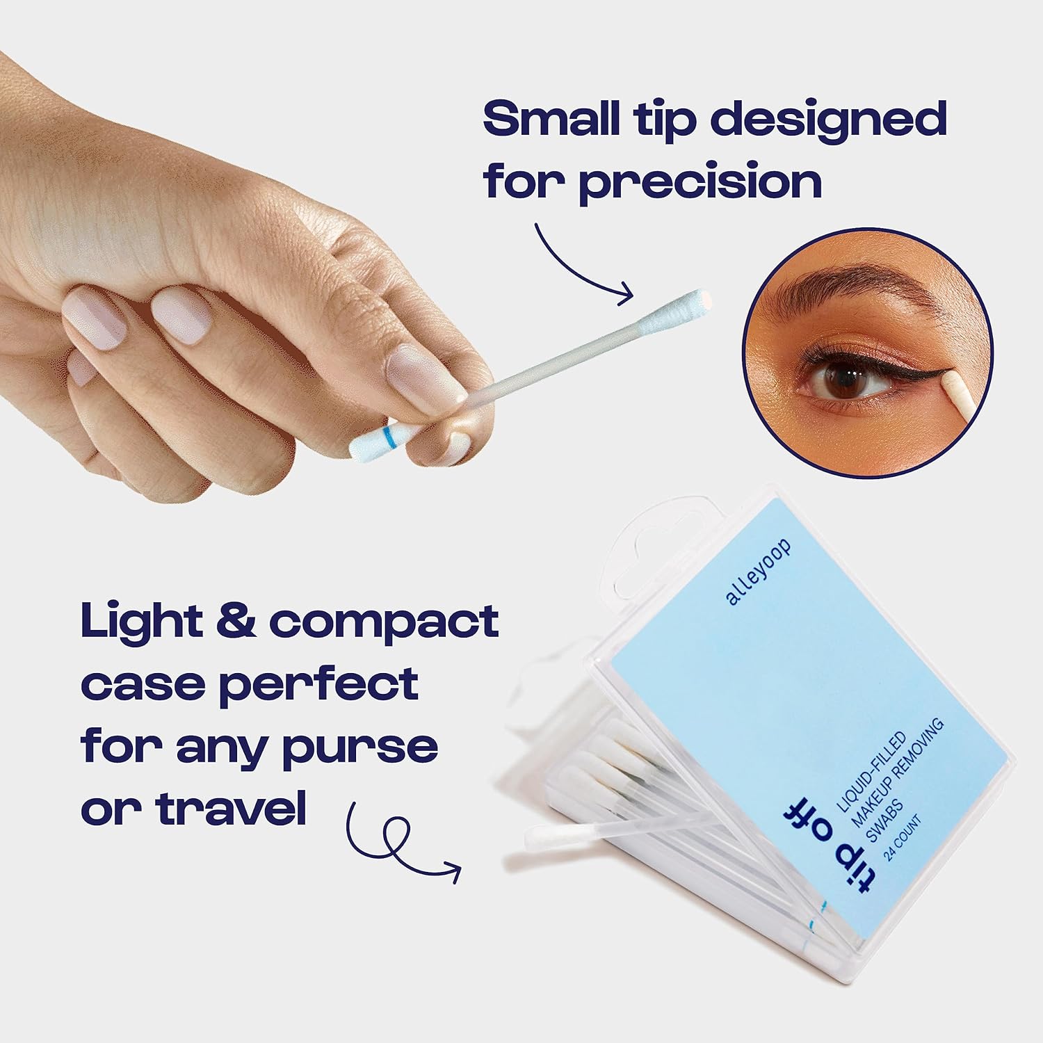 Alleyoop Cotton Swabs for Makeup, Tip Off Liquid-Filled Makeup Removing Swabs (24 Count, 3 Pack) - Easy-To-Use & Space Saving Makeup Remover - Disposable Cotton Tips for Eye, Lip, Eyebrow, & Eyeshadow - Image 3