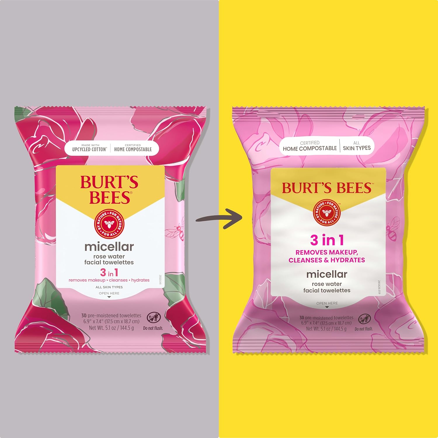Burt’s Bees Micellar Rose Water Facial Towelettes, 100% Plant Based Cloth; 99% Natural Origin; Remove Makeup, Cleanse, Hydrate; No Greasy, Oily Residue; All Skin Types (Pack May Vary) - Image 2