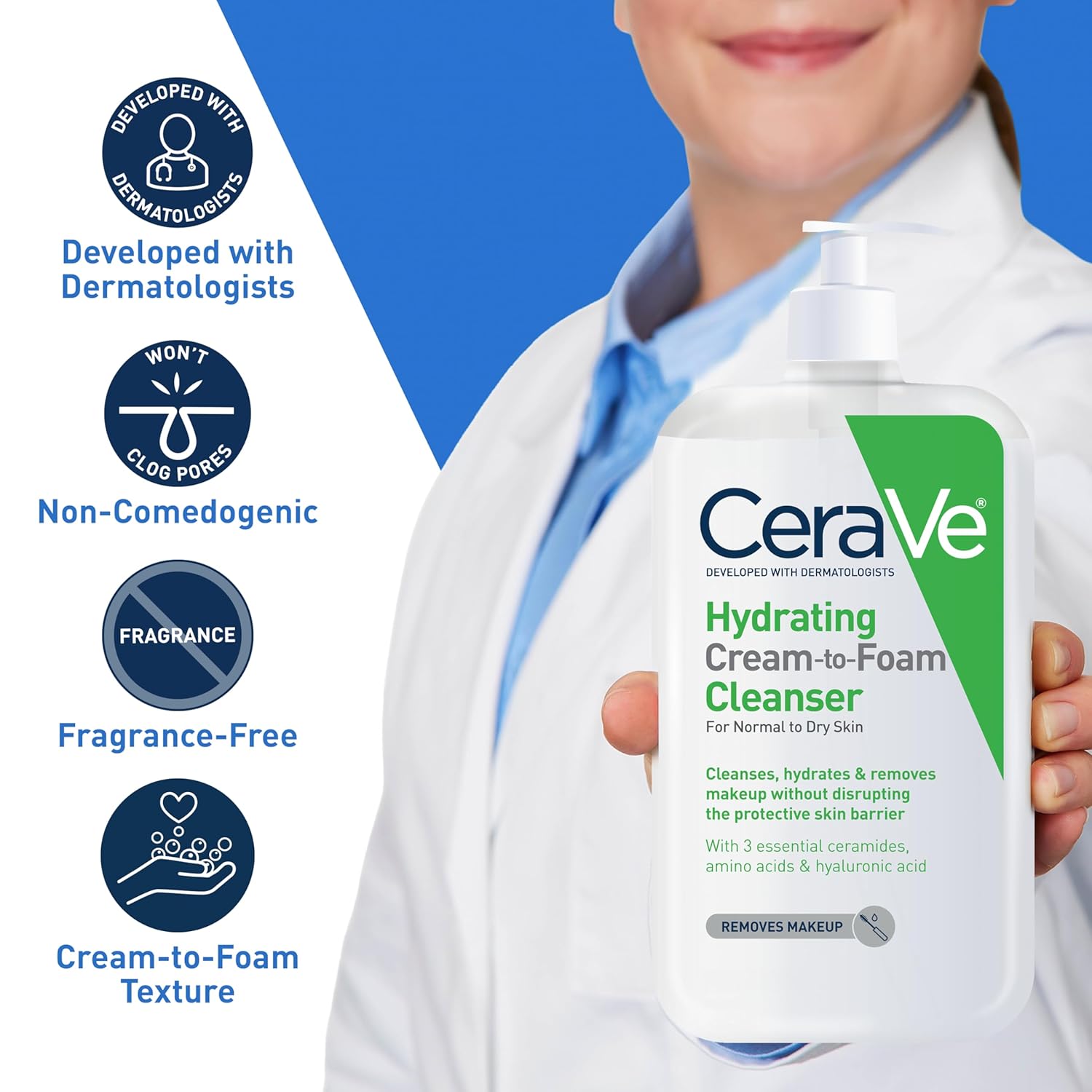 CeraVe Hydrating Cream To Foam Cleanser, Makeup Remover Face Wash For Dry Skin, Foaming Facial Cleanser With Hyaluronic Acid, Normal To Dry Skin, Fragrance Free & Non Comedogenic, 8 Fluid Ounces - Image 4
