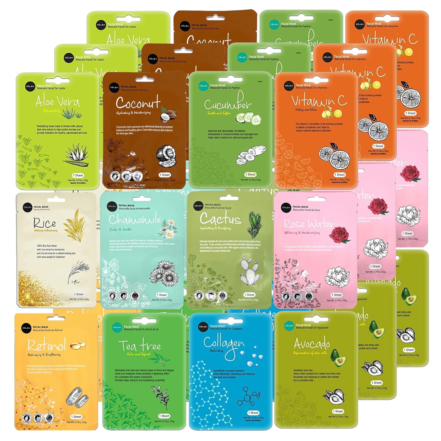 Celavi Essence Facial Sheet Face Mask Variety Set Classic Authentic Korean Moisturizing Skincare (12-Packs) - Image 18