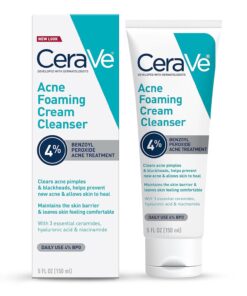 CeraVe Acne Foaming Cream Cleanser, 4% Benzoyl Peroxide Face Wash With Hyaluronic Acid, Niacinamide & Ceramides, Gentle Daily Acne Treatment For Face