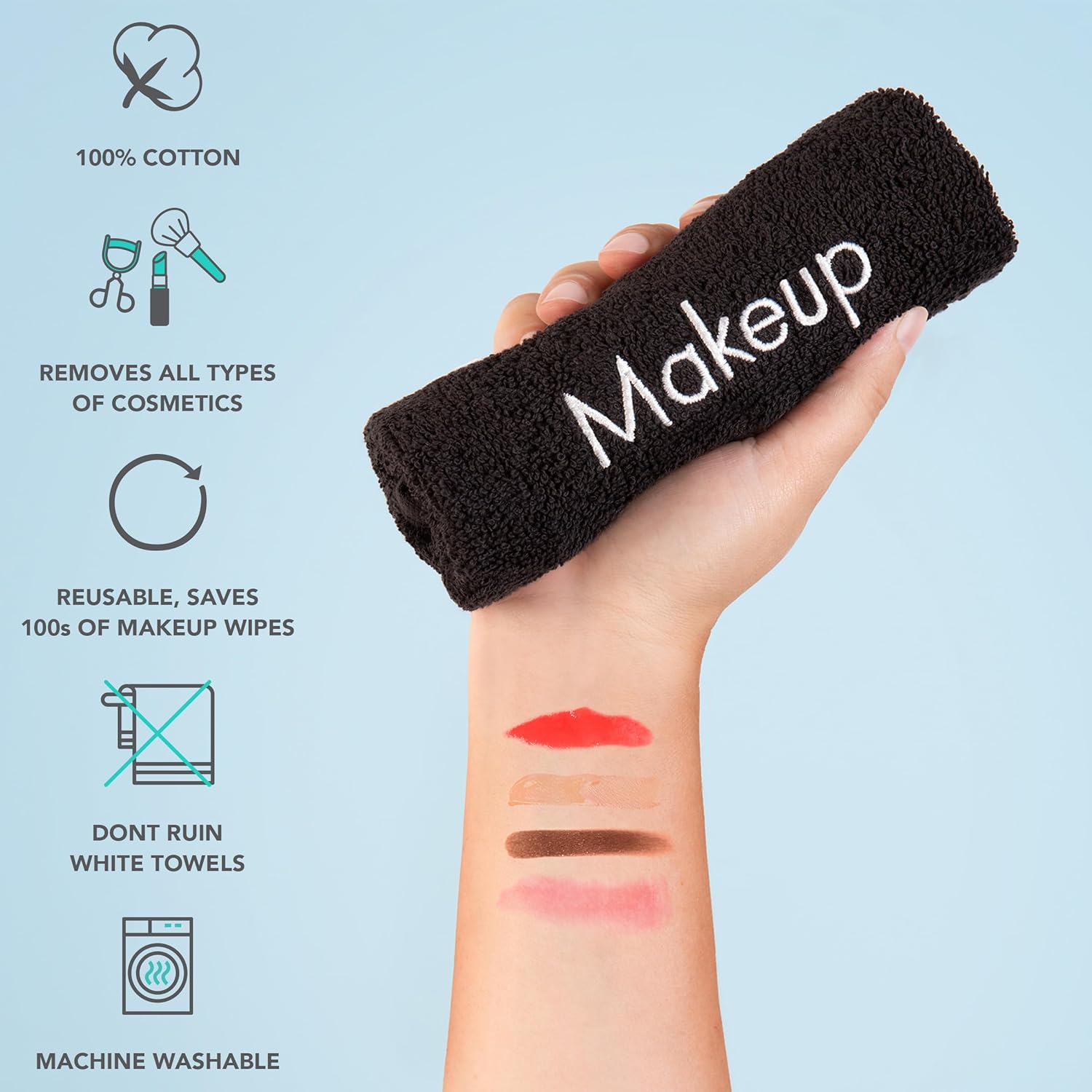 Arkwright Makeup Towels - Pack of 6 - Soft & Gentle Cotton Washcloth Face Make Up Remover, Reusuable Eraser Cloth Essentials for Hosts & Artists, 13 x 13 in, Black - Image 2