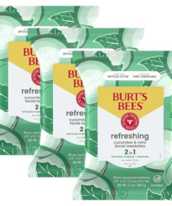 Burt's Bees Stocking Stuffers, Cucumber & Mint Face Wipes, for All Skin Types, Refreshing Makeup Remover & Facial Cleansing Towelettes, Skin Care Christmas Gifts, 30 Ct. (3-Pack)