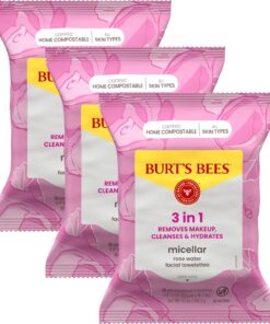 Burt's Bees Stocking Stuffers, Rose Water Face Wipes, for All Skin Types, Hydrating Micellar Makeup Remover & Facial Cleansing Towelettes, Skin Care Christmas Gifts, 30 Ct (3-Pack)