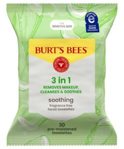 Burt’s Bees Soothing, Fragrance Free Facial Towelettes for Sensitive Skin, Aloe Vera, 100% Plant Based Cloths; 99% Natural Origin; Removes Makeup, Dirt and Oil; No Rinsing (Pack May Vary)
