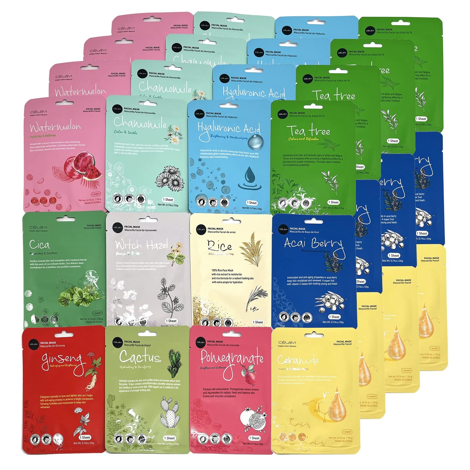Celavi Essence Facial Sheet Face Mask Variety Set Classic Authentic Korean Moisturizing Skincare (12-Packs) - Image 21