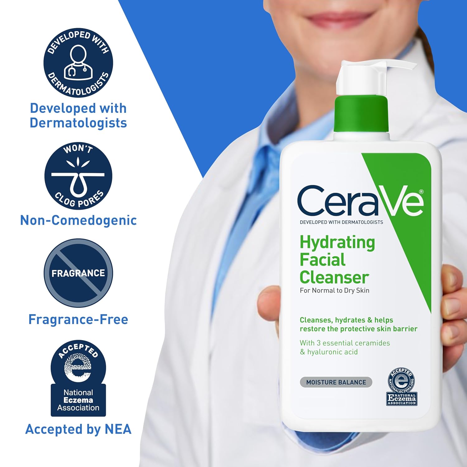 CeraVe Hydrating Facial Cleanser, Moisturizing Face Wash For Dry Skin, Hyaluronic Acid + Ceramides + Glycerin, Hydrating Cleanser For Normal To Dry Skin, National Eczema Association Certified - Image 4