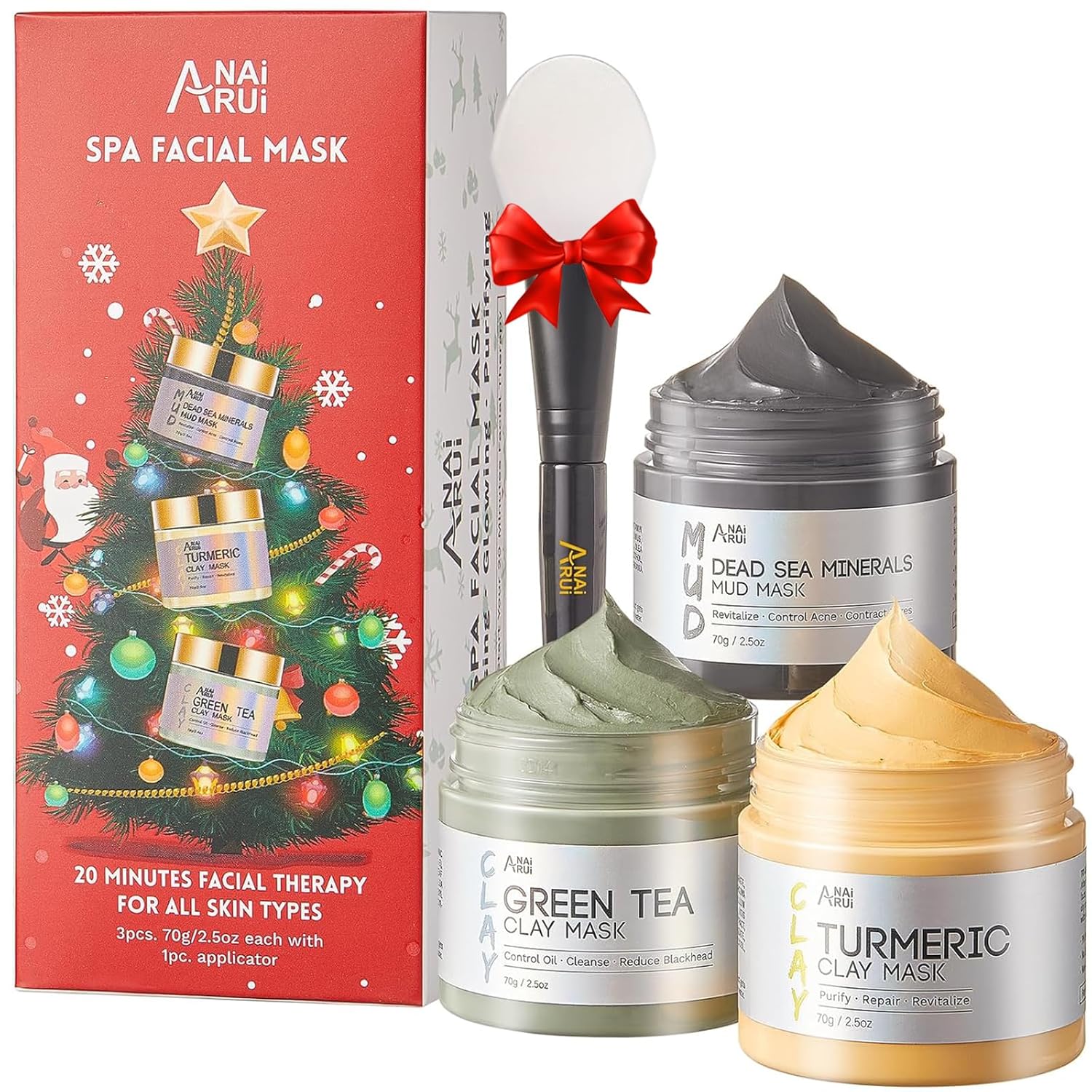 ANAI RUI 3Pcs Face Mask Set, Turmeric Clay Mask - Green Tea Face Mask - Dead Sea Minerals Mud Mask, Holiday Gift Set, Stocking Stuffers for Women &Teen Girls, Self Care Gifts for Women 2.5 oz each - Image 8