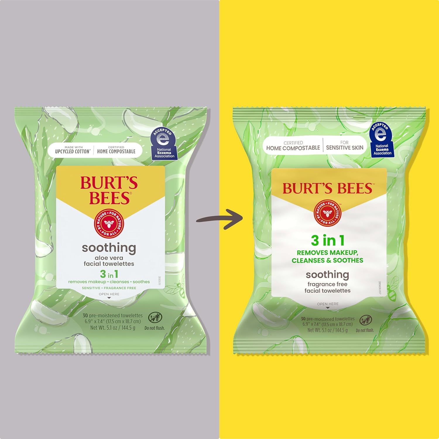 Burt’s Bees Soothing, Fragrance Free Facial Towelettes for Sensitive Skin, Aloe Vera, 100% Plant Based Cloths; 99% Natural Origin; Removes Makeup, Dirt and Oil; No Rinsing (Pack May Vary) - Image 2