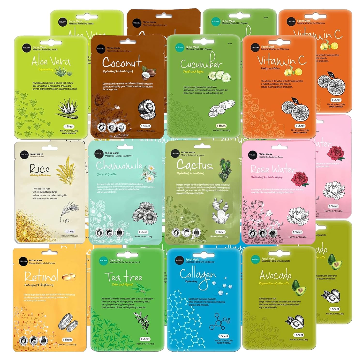 Celavi Essence Facial Sheet Face Mask Variety Set Classic Authentic Korean Moisturizing Skincare (12-Packs) - Image 15